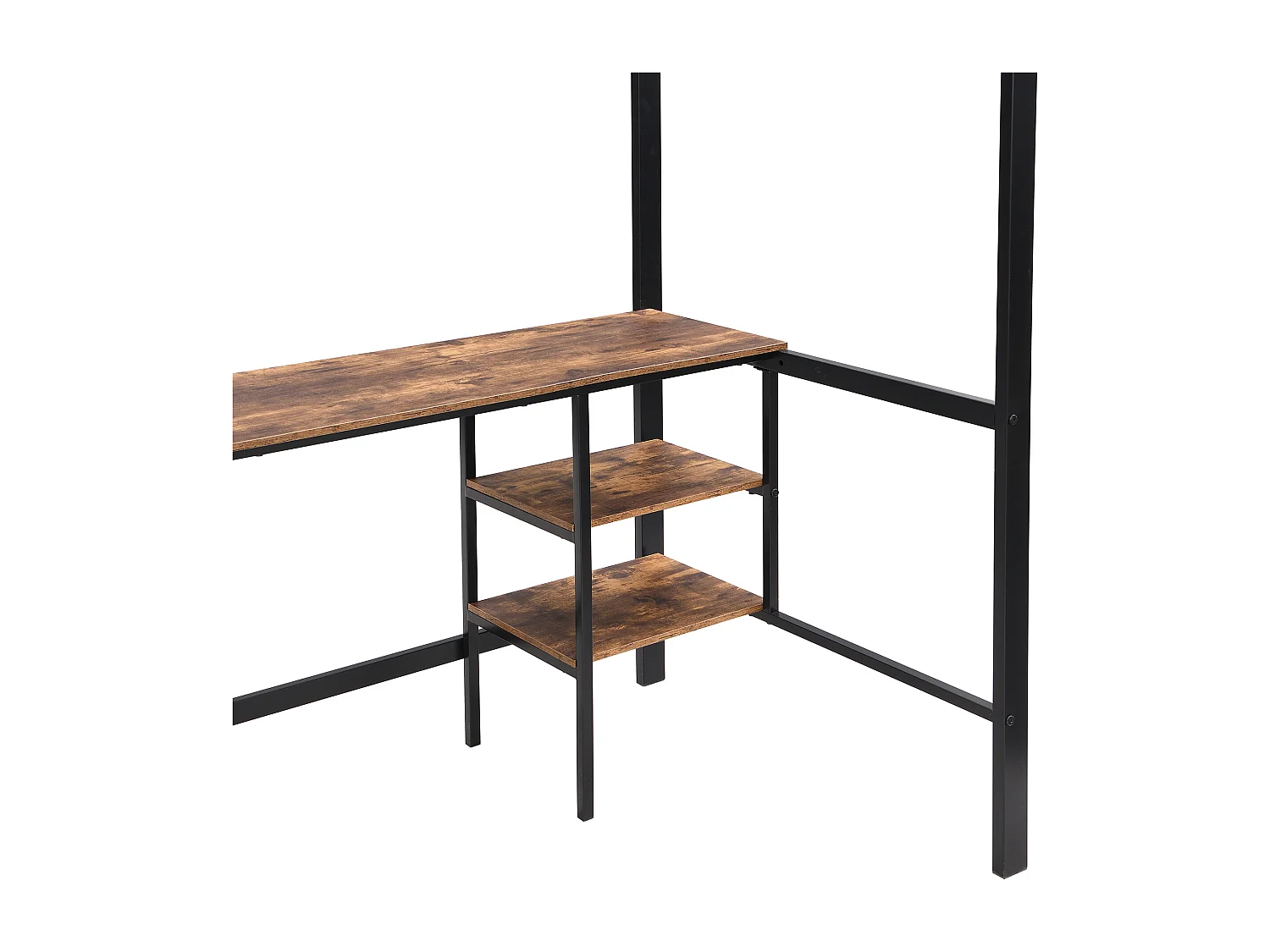 Hochbett 90x200cm - mit Tisch + Regal - mit vierstufiger Leiter - Eisen + Spanplatte - schwarz (ohne Matratze)