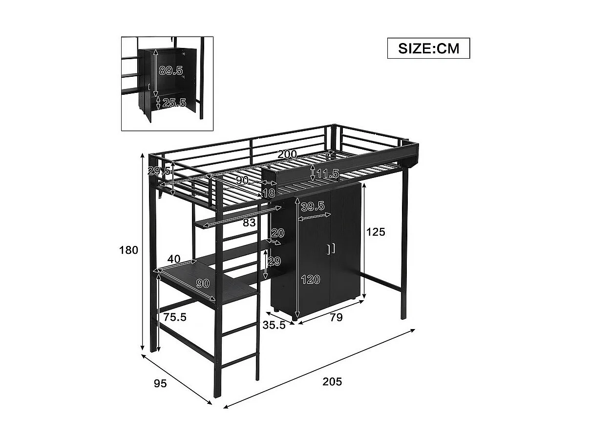 Łóżko mezzanine 90x200 cm - z biurkiem - z szafą - z wieloma schowkami - z drabiną 5 stopni - metal + płyty wiórowe - czarne (bez materaca)