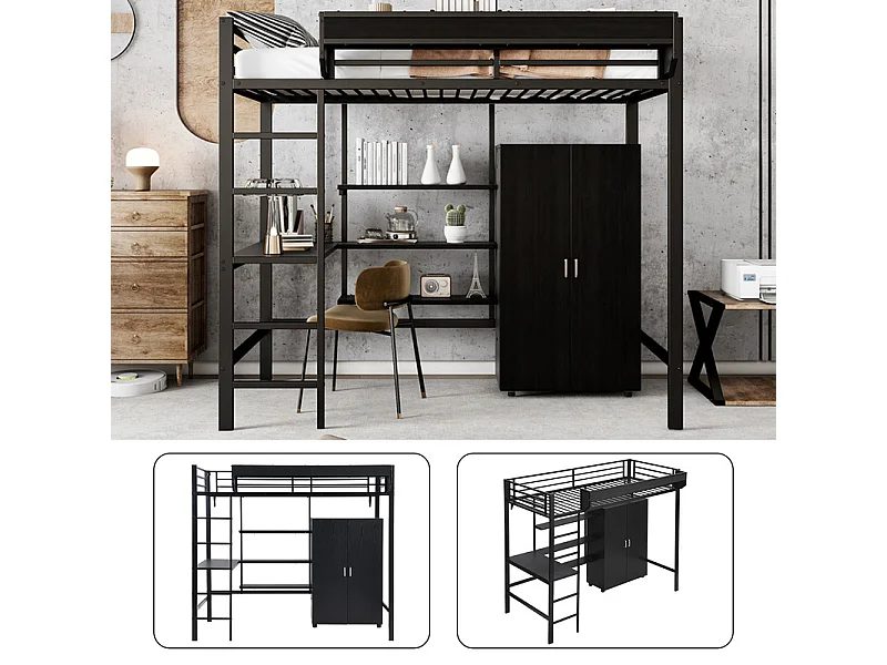 Łóżko mezzanine 90x200 cm - z biurkiem - z szafą - z wieloma schowkami - z drabiną 5 stopni - metal + płyty wiórowe - czarne (bez materaca)