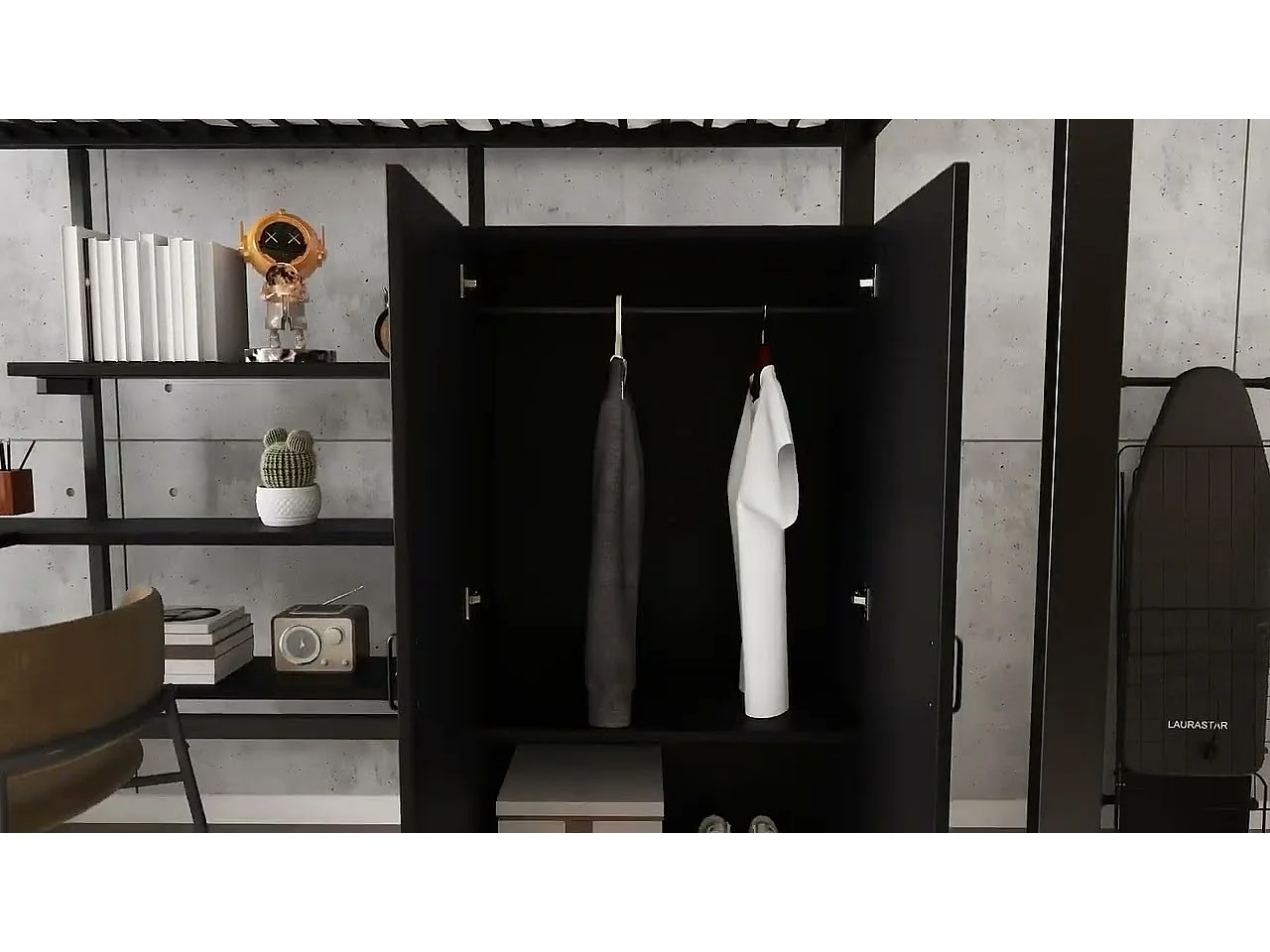 Hochbett 90x200 cm - mit Tisch - mit Kleiderschrank - mit vielen Stauräumen - mit 5-stufiger Leiter - Eisen + Spanplatte - schwarz (ohne Matratze)