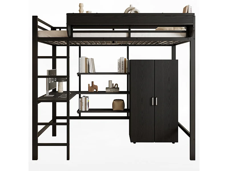 Hochbett 90x200 cm - mit Tisch - mit Kleiderschrank - mit vielen Stauräumen - mit 5-stufiger Leiter - Eisen + Spanplatte - schwarz (ohne Matratze)