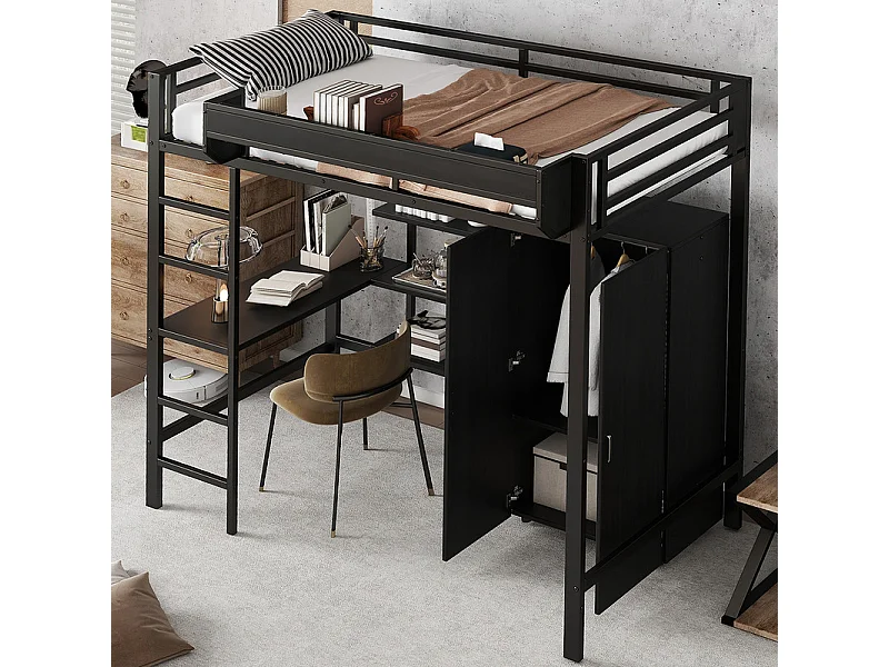 Hochbett 90x200 cm - mit Tisch - mit Kleiderschrank - mit vielen Stauräumen - mit 5-stufiger Leiter - Eisen + Spanplatte - schwarz (ohne Matratze)