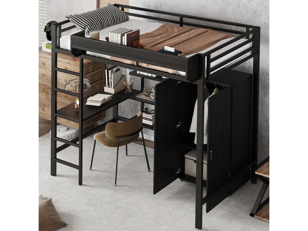 Mezzanine bed 90x200 cm - met tafel - met kledingkast - met meerdere opbergruimtes - met 5-treden ladder - ijzer + spaanplaat - zwart (zonder matras)