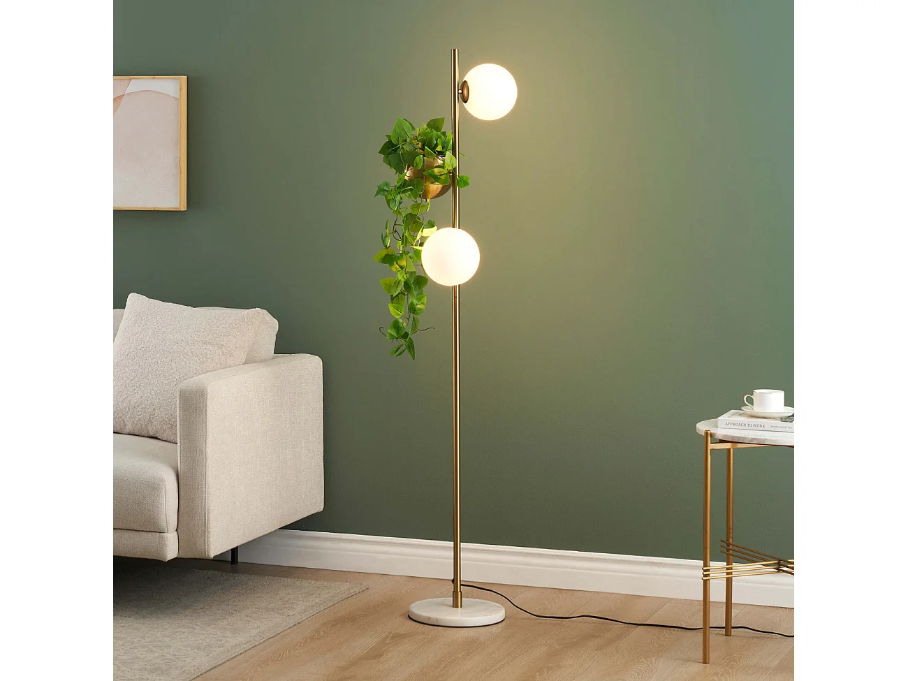 Lampadaire doré verre blanc avec support plante - Ortensia