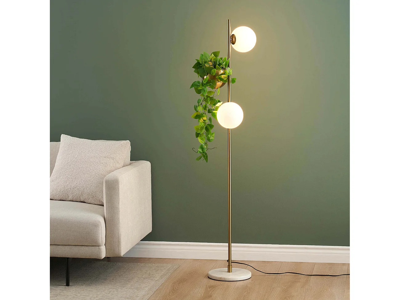 Lampadaire doré verre blanc avec support plante - Ortensia