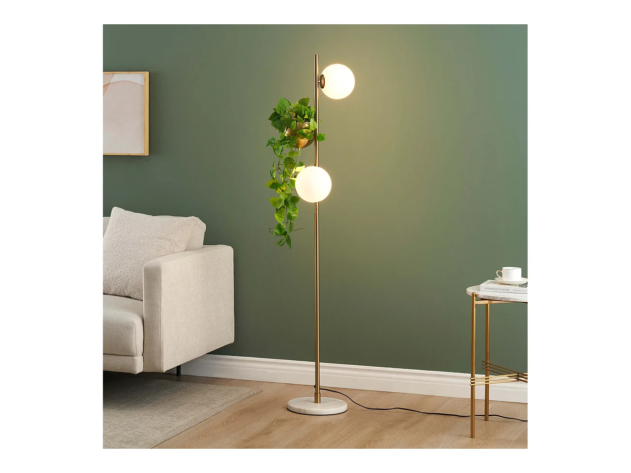 Lampadaire doré verre blanc avec support plante - Ortensia