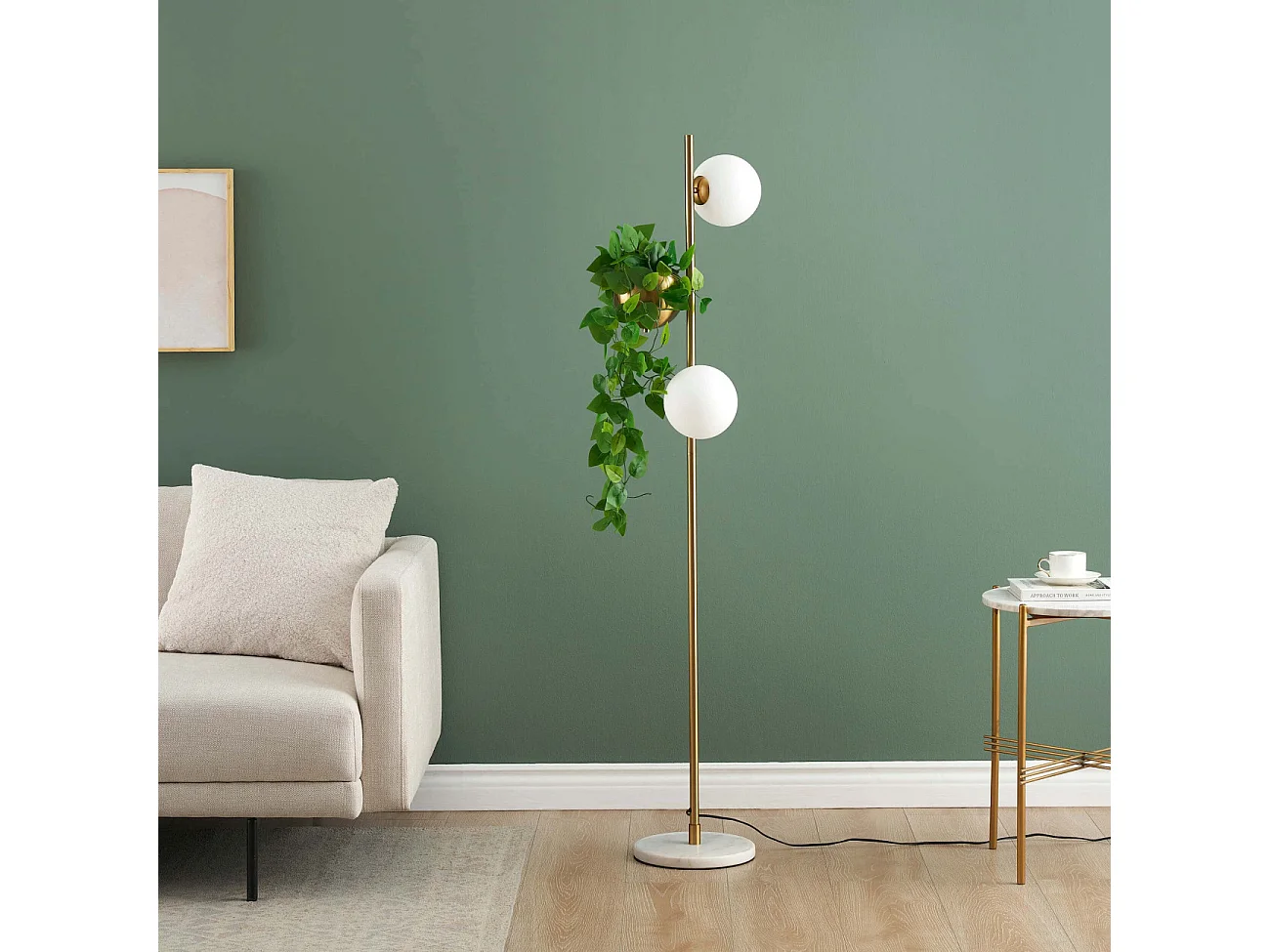 Lampadaire doré verre blanc avec support plante - Ortensia