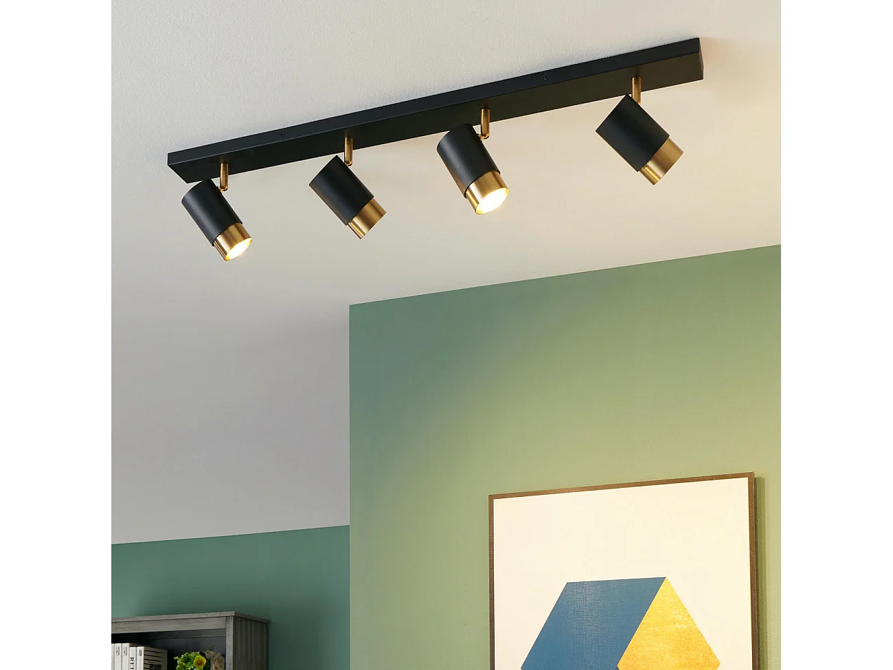 Plafonnier moderne 4 projecteurs orientables noirs et dorés - Pozzo