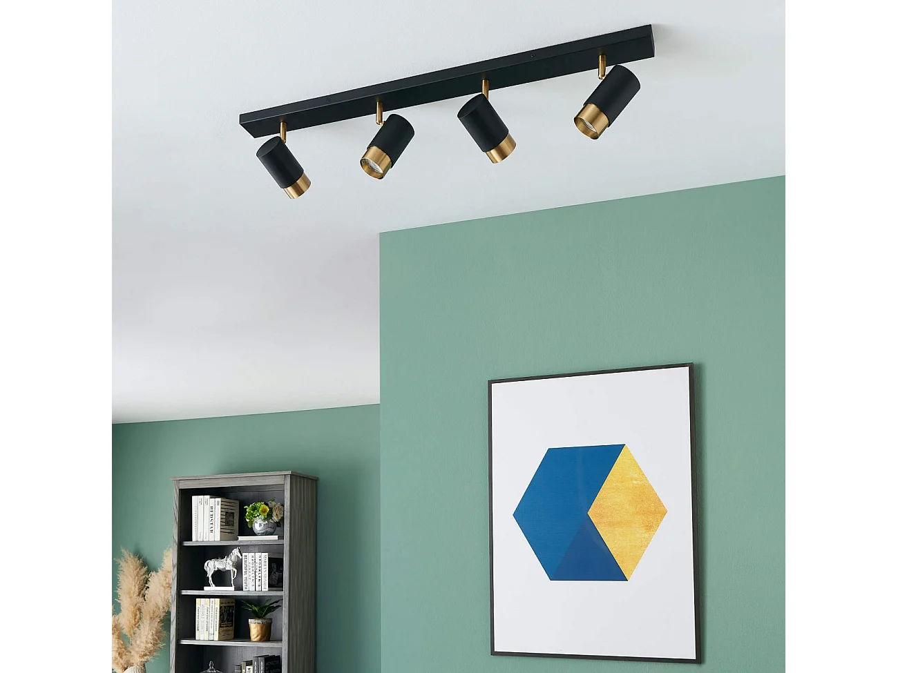 Plafonnier moderne 4 projecteurs orientables noirs et dorés - Pozzo