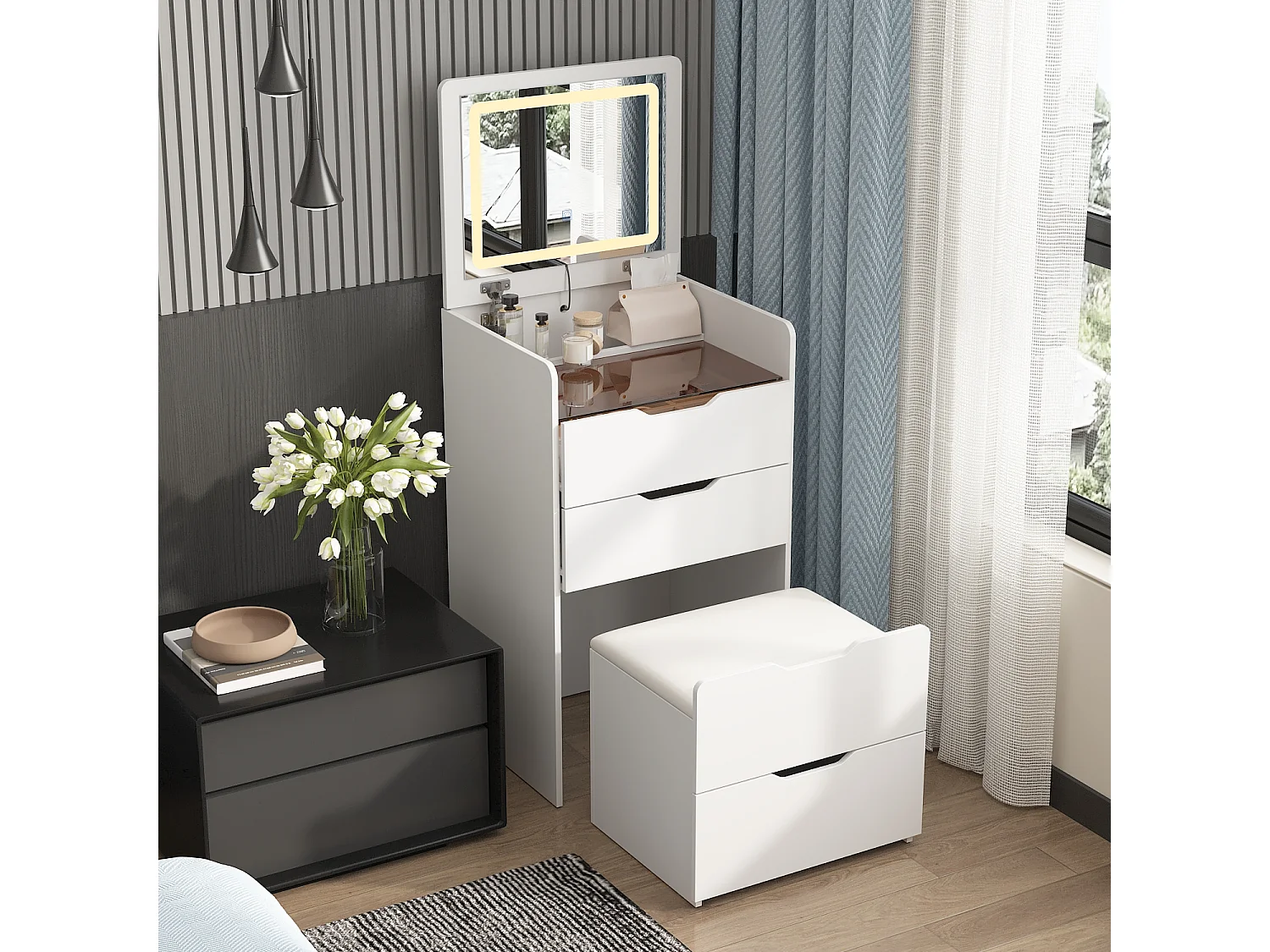 Petite coiffeuse avec miroir rabattable - LED 3 couleurs - tabouret, 3 tirois, 48x40x81.5cm, Blanc