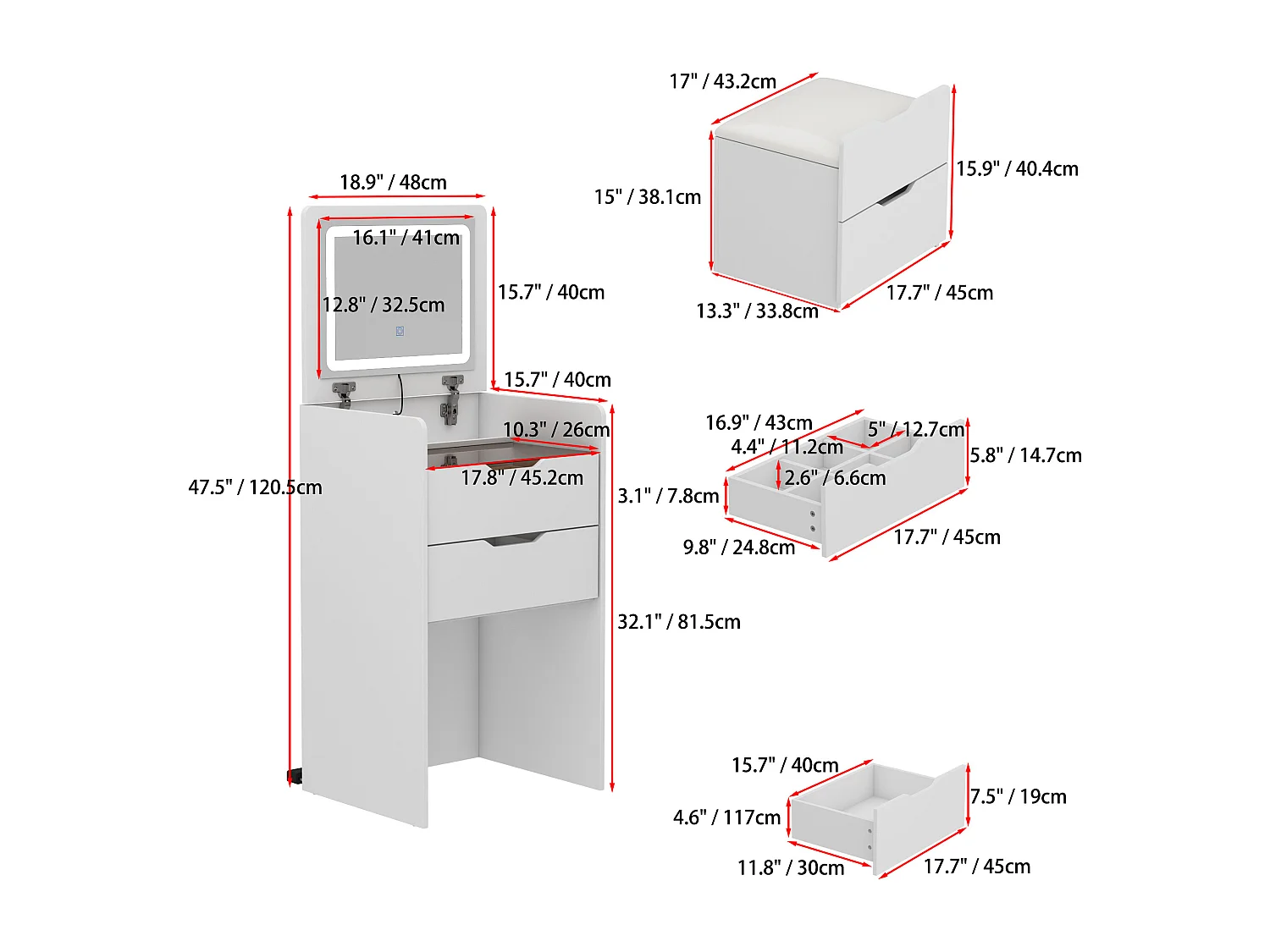 Petite coiffeuse avec miroir rabattable - LED 3 couleurs - tabouret, 3 tirois, 48x40x81.5cm, Blanc