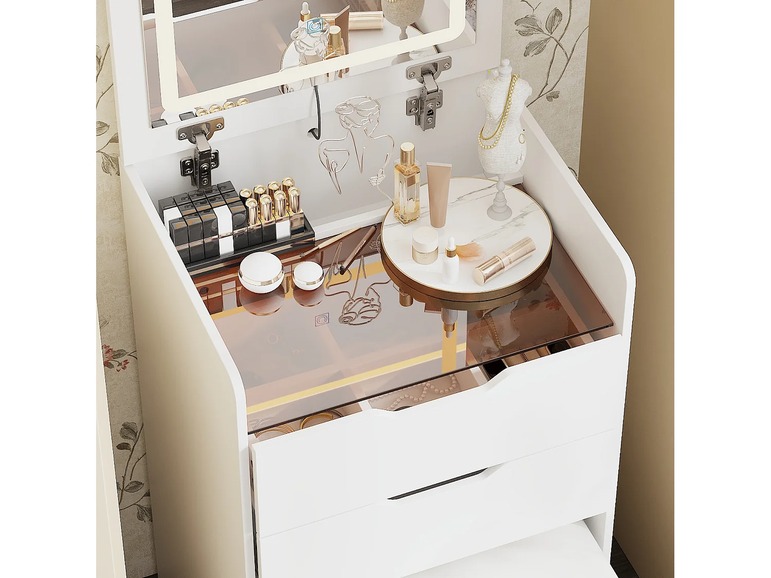 Petite coiffeuse avec miroir rabattable - LED 3 couleurs - tabouret, 3 tirois, 48x40x81.5cm, Blanc