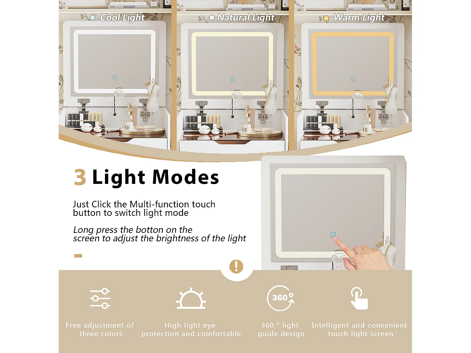 Petite coiffeuse avec miroir rabattable - LED 3 couleurs - tabouret, 3 tirois, 48x40x81.5cm, Blanc