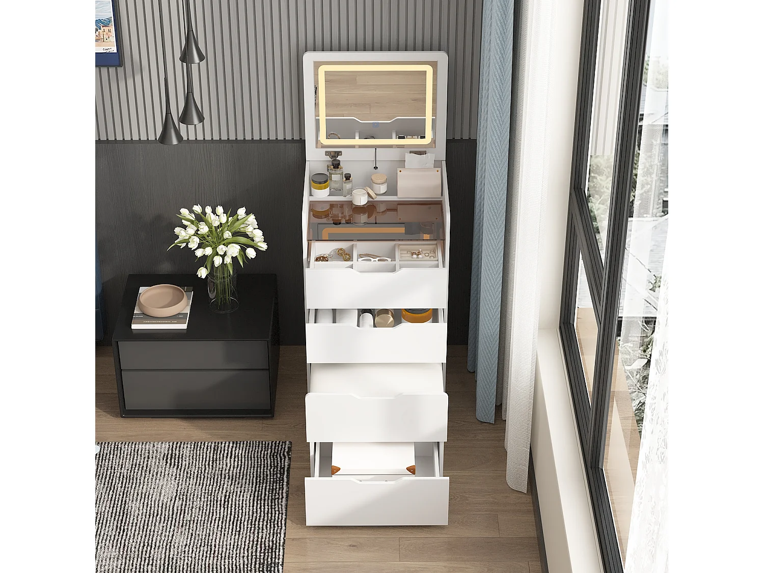 Petite coiffeuse avec miroir rabattable - LED 3 couleurs - tabouret, 3 tirois, 48x40x81.5cm, Blanc