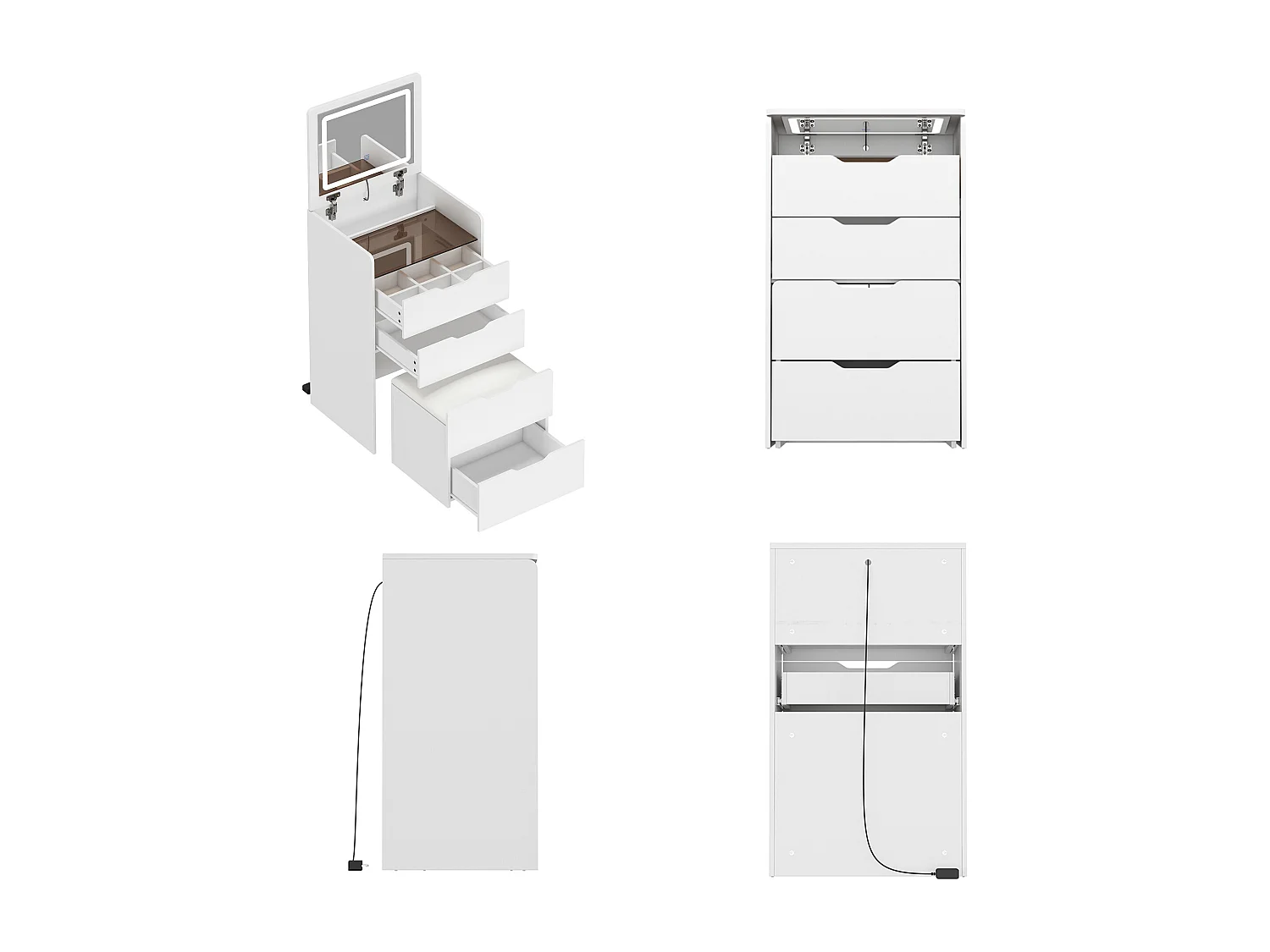 Petite coiffeuse avec miroir rabattable - LED 3 couleurs - tabouret, 3 tirois, 48x40x81.5cm, Blanc