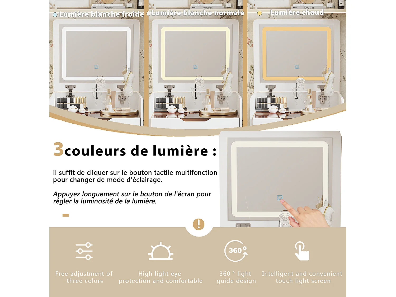 Petite coiffeuse avec miroir rabattable - LED 3 couleurs - tabouret, 3 tirois, 48x40x81.5cm, Blanc