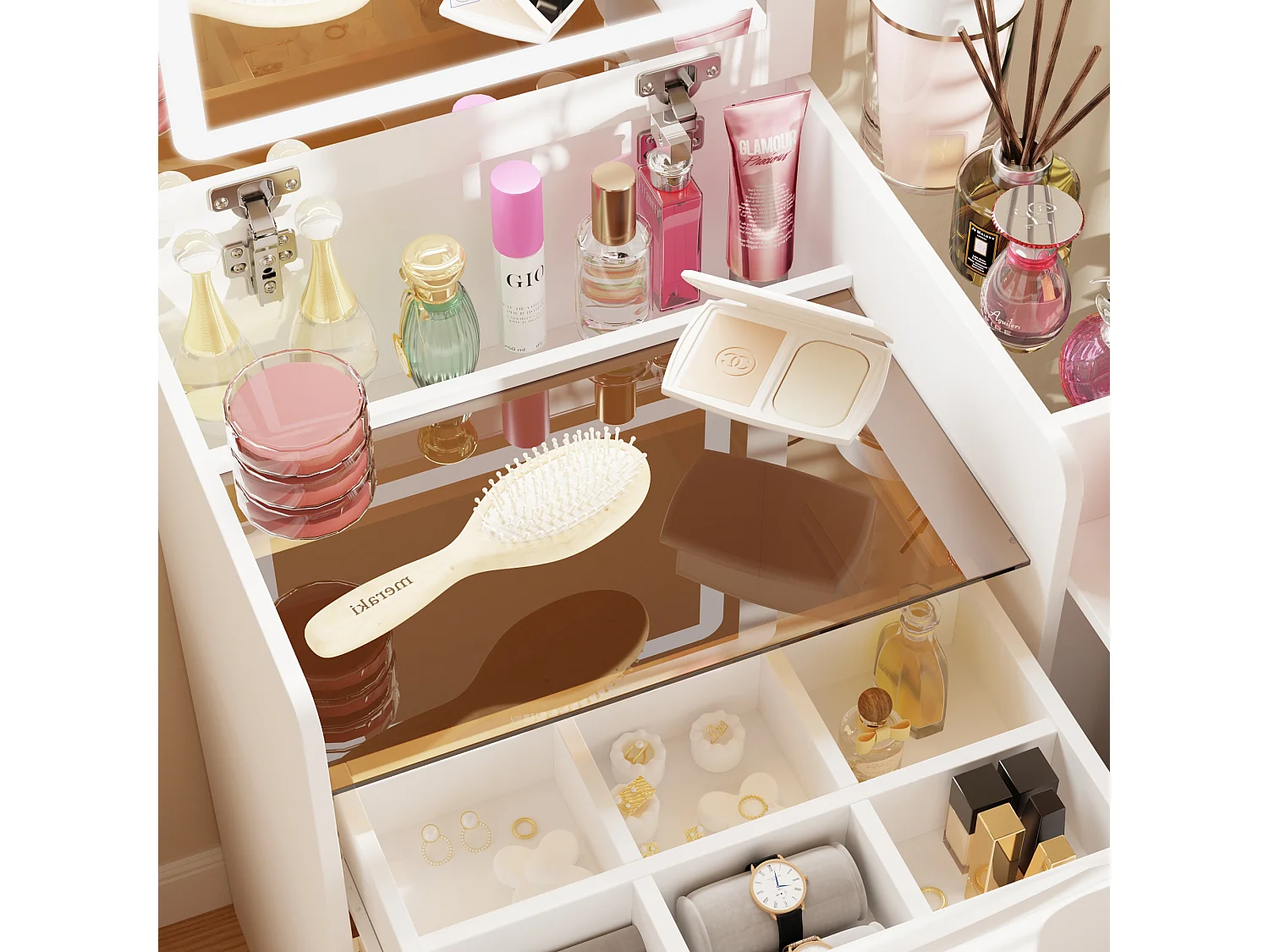 Petite coiffeuse avec miroir rabattable - LED 3 couleurs - tabouret, 3 tirois, 48x40x81.5cm, Blanc