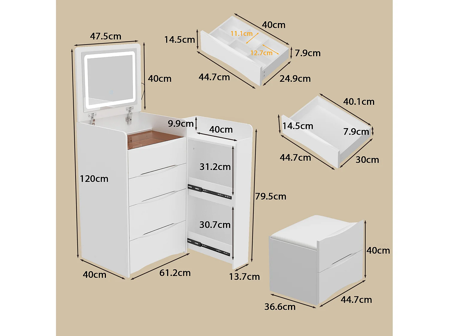 Petite coiffeuse avec miroir rabattable - LED 3 couleurs - tabouret, 3 tirois, 48x40x81.5cm, Blanc