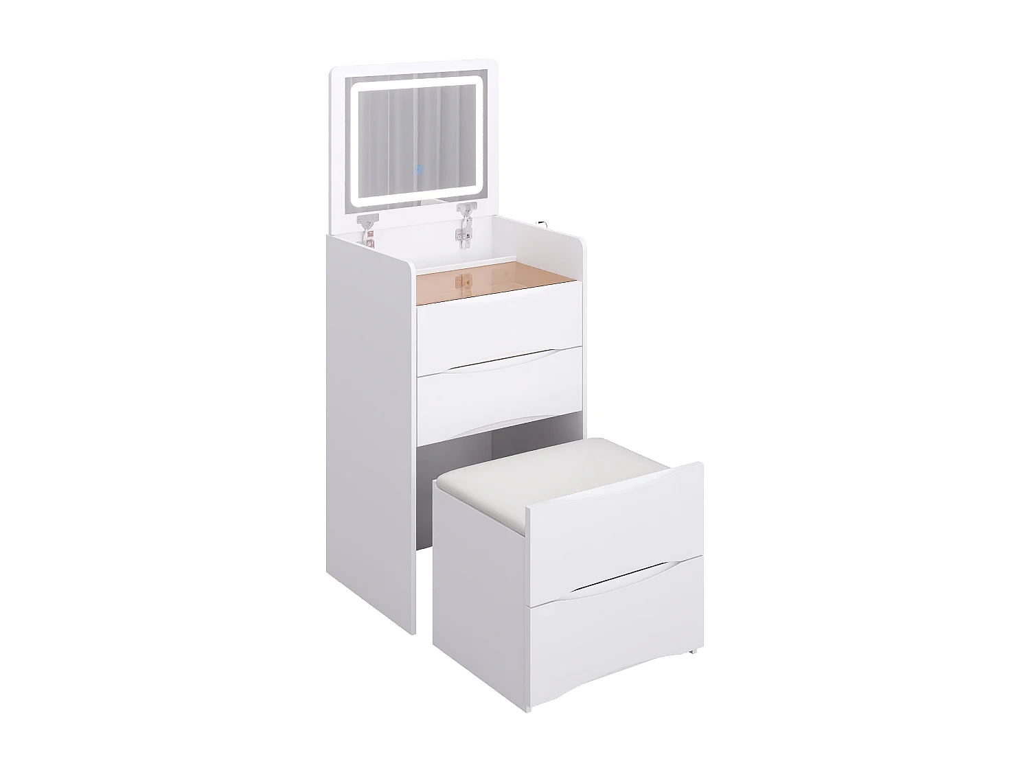 Petite coiffeuse avec miroir rabattable - LED 3 couleurs - tabouret, 3 tirois, 48x40x81.5cm, Blanc