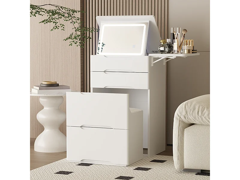 Coiffeuse avec miroir rabattable,éclairage tricolore,tiroirs,Salon,‎Blanc,50x40x81.5cm