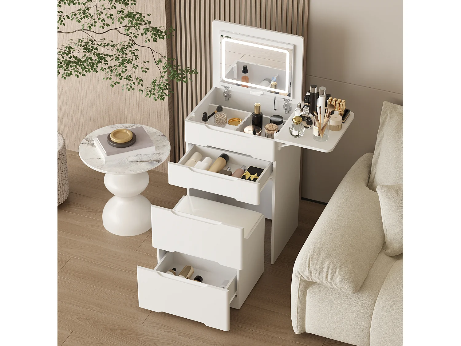 Coiffeuse avec miroir rabattable,éclairage tricolore,tiroirs,Salon,‎Blanc,50x40x81.5cm