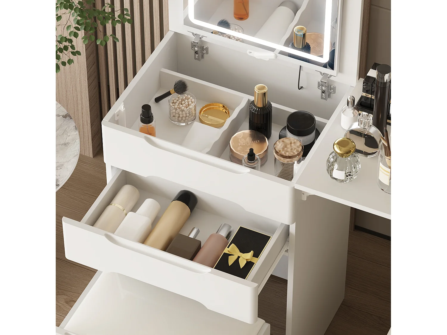 Coiffeuse avec miroir rabattable,éclairage tricolore,tiroirs,Salon,‎Blanc,50x40x81.5cm