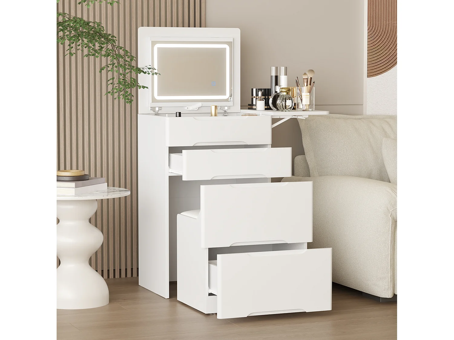 Coiffeuse avec miroir rabattable,éclairage tricolore,tiroirs,Salon,‎Blanc,50x40x81.5cm