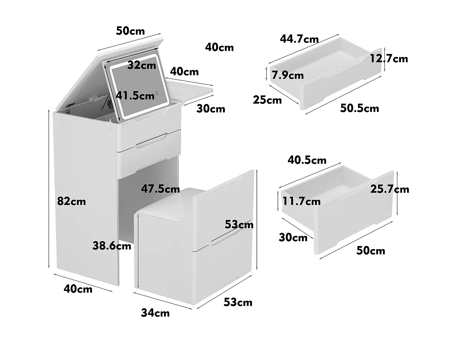 Coiffeuse avec miroir rabattable,éclairage tricolore,tiroirs,Salon,‎Blanc,50x40x81.5cm
