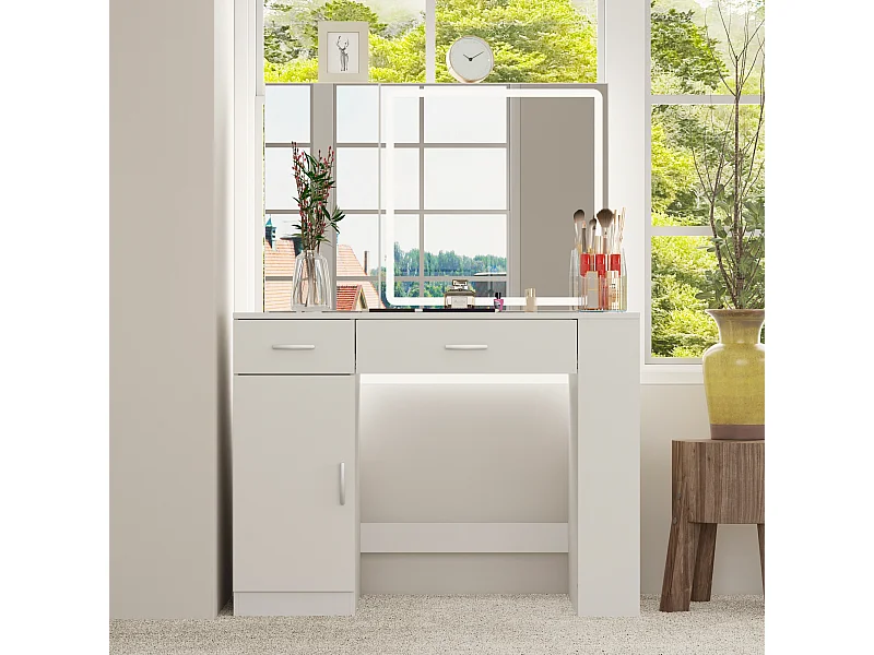 Coiffeuse avec éclairage LED et miroir coulissant, éclairage tricolore,tiroirs,armoires,100x50x135.5cm