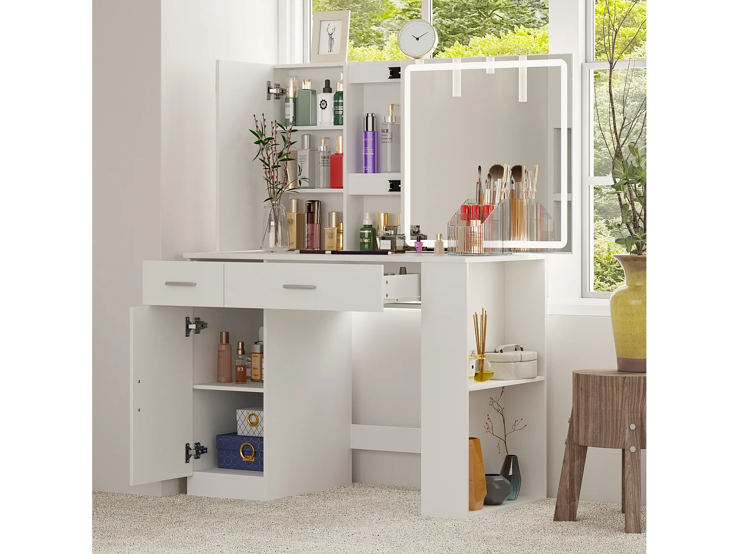 Coiffeuse avec éclairage LED et miroir coulissant, éclairage tricolore,tiroirs,armoires,100x50x135.5cm