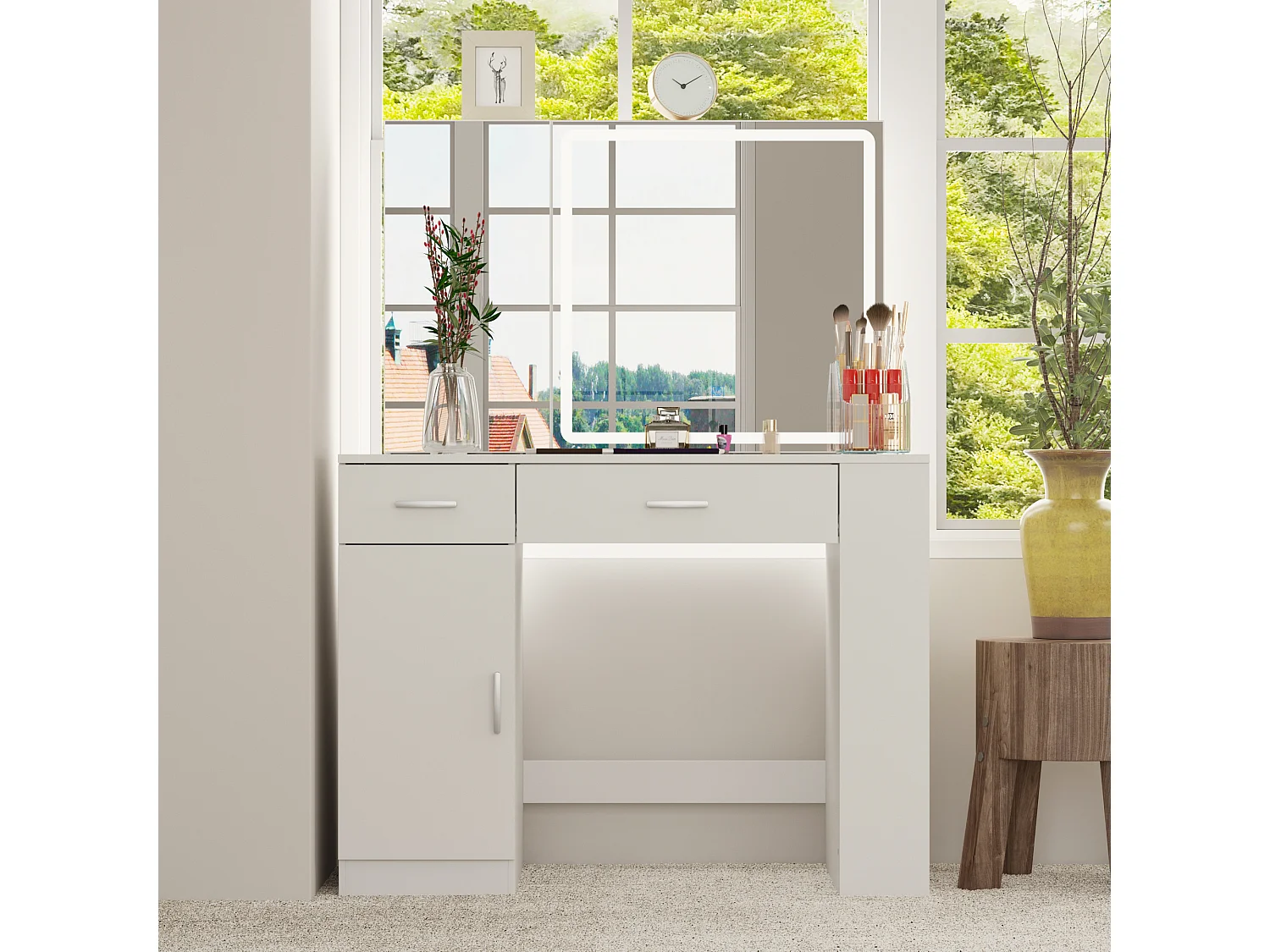 Coiffeuse avec éclairage LED et miroir coulissant, éclairage tricolore,tiroirs,armoires,100x50x135.5cm