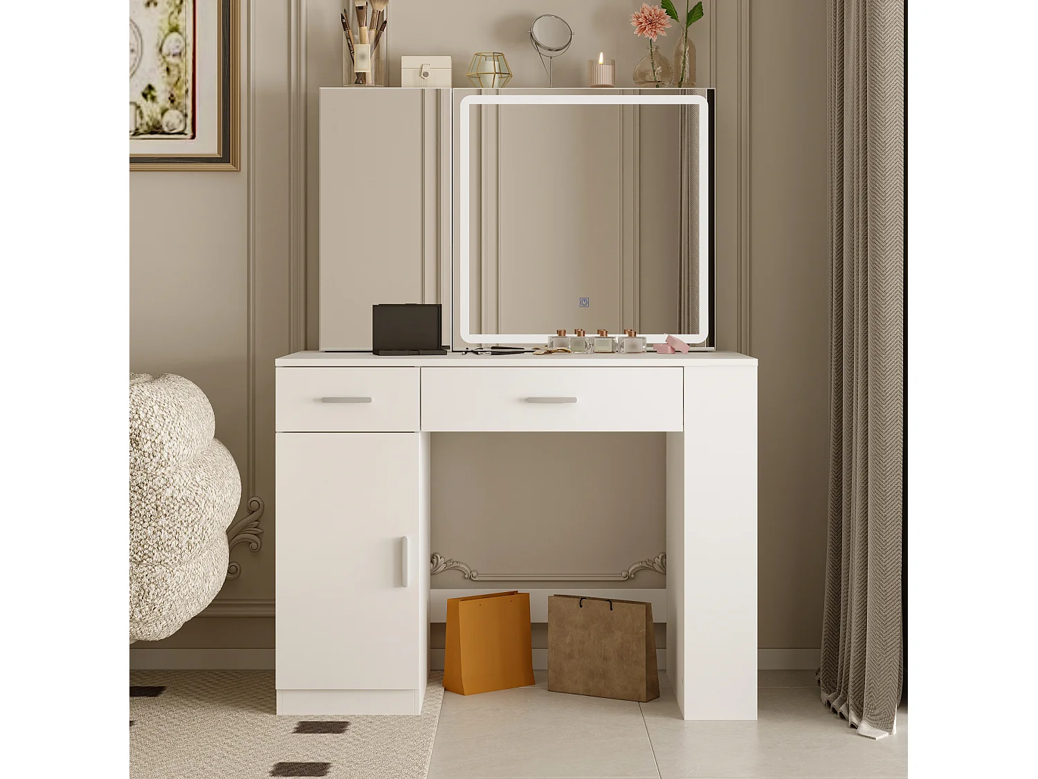 Coiffeuse avec éclairage LED et miroir coulissant, éclairage tricolore,tiroirs,armoires,100x50x135.5cm