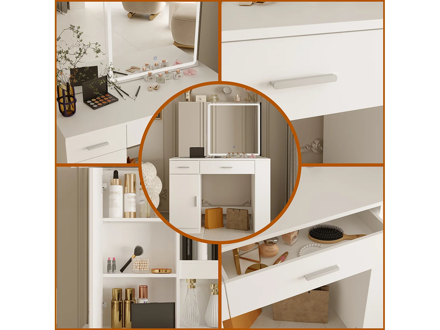 Coiffeuse avec éclairage LED et miroir coulissant, éclairage tricolore,tiroirs,armoires,100x50x135.5cm