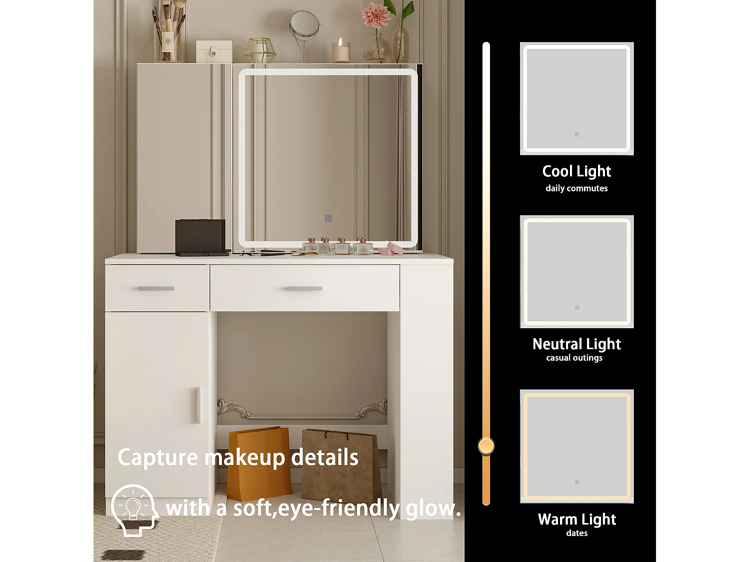 Coiffeuse avec éclairage LED et miroir coulissant, éclairage tricolore,tiroirs,armoires,100x50x135.5cm