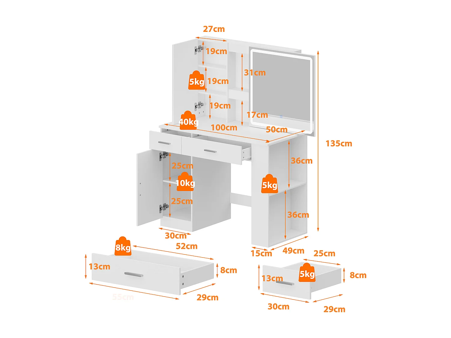 Coiffeuse avec éclairage LED et miroir coulissant, éclairage tricolore,tiroirs,armoires,100x50x135.5cm