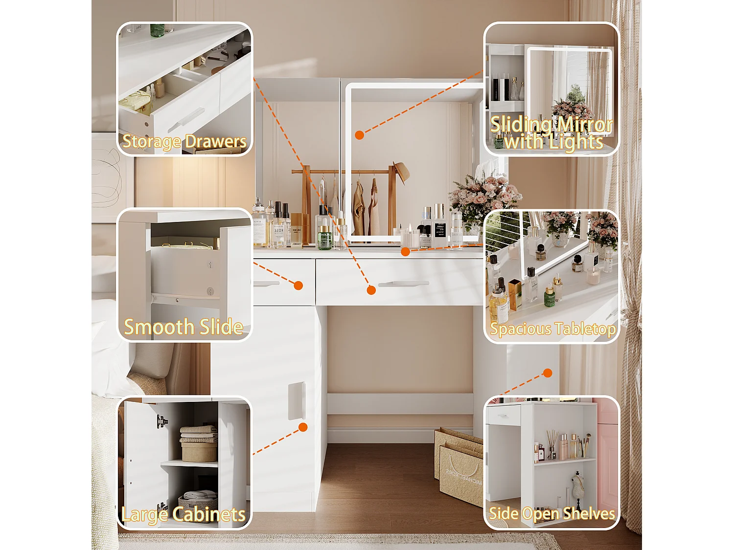 Coiffeuse avec éclairage LED et miroir coulissant, éclairage tricolore,tiroirs,armoires,100x50x135.5cm