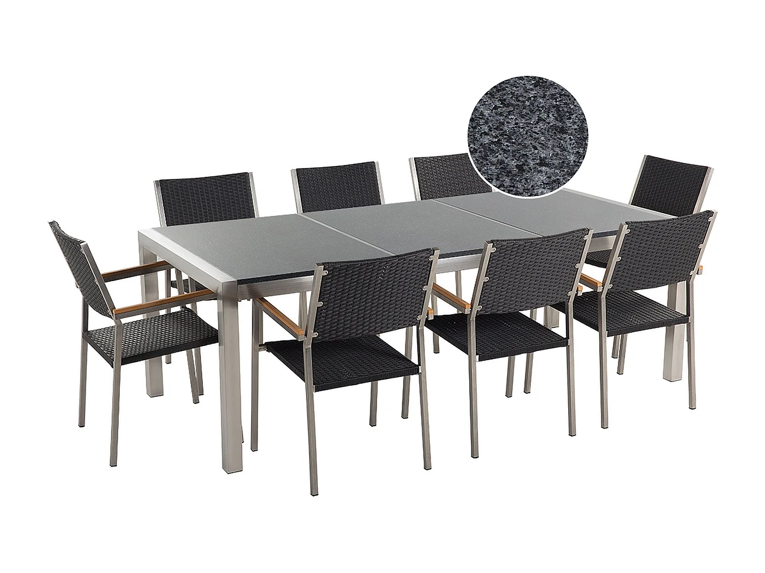 Conjunto de comedor exterior 8 plazas GROSSETO Placa triple Granito Pulido Gris/Negro
