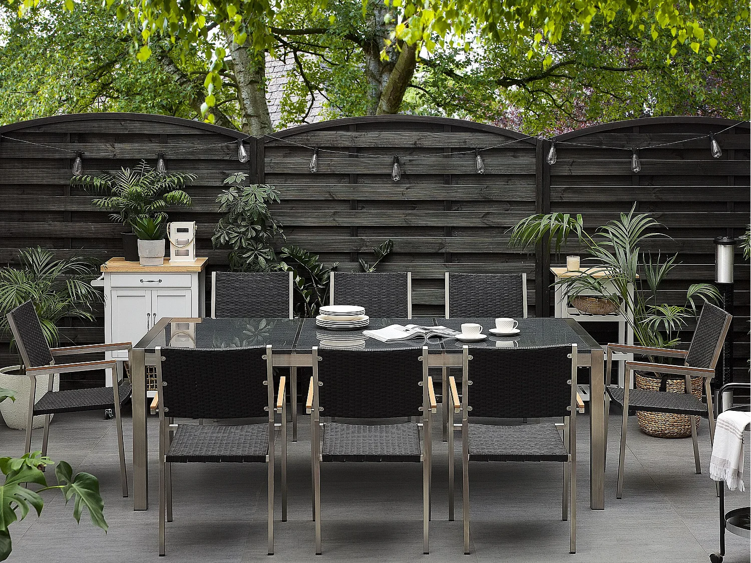 Conjunto de comedor exterior 8 plazas GROSSETO Placa triple Granito Pulido Gris/Negro