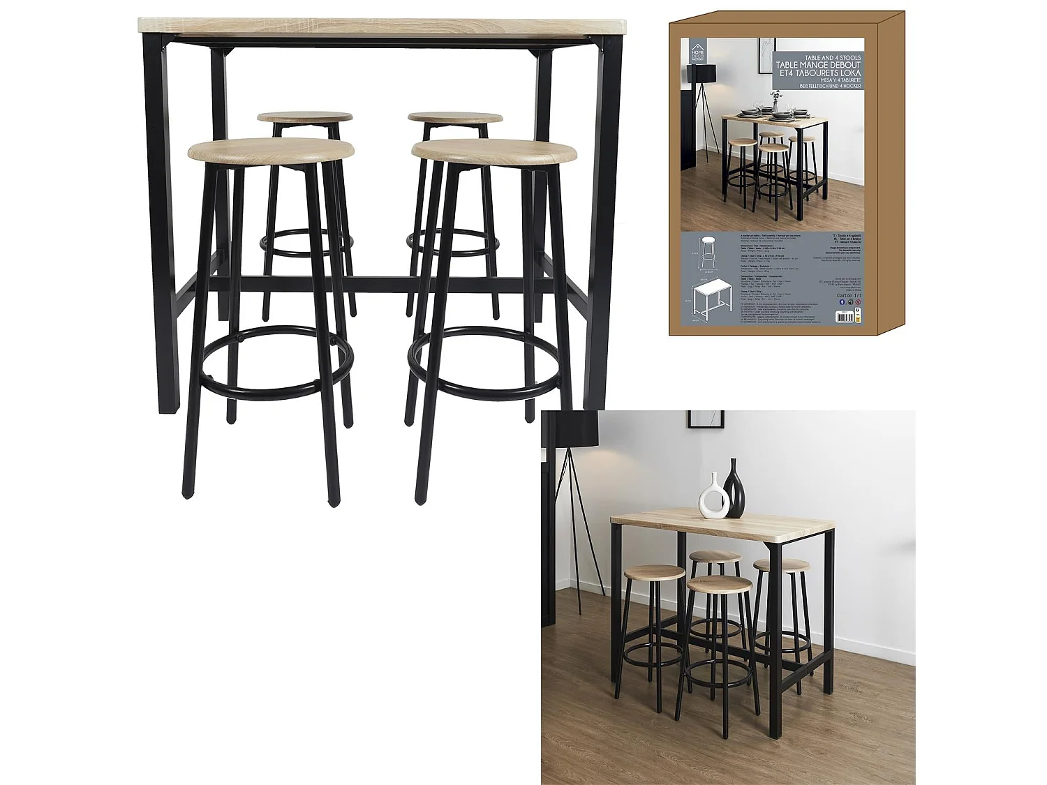 Table Mange Debout Et 4 Tabourets Loka Marron, Noir