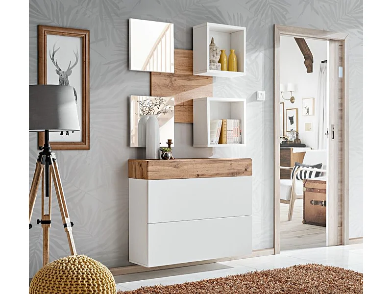 Panneau Mural, 2 Étagères & 2 Miroirs "Easy" 100cm Blanc