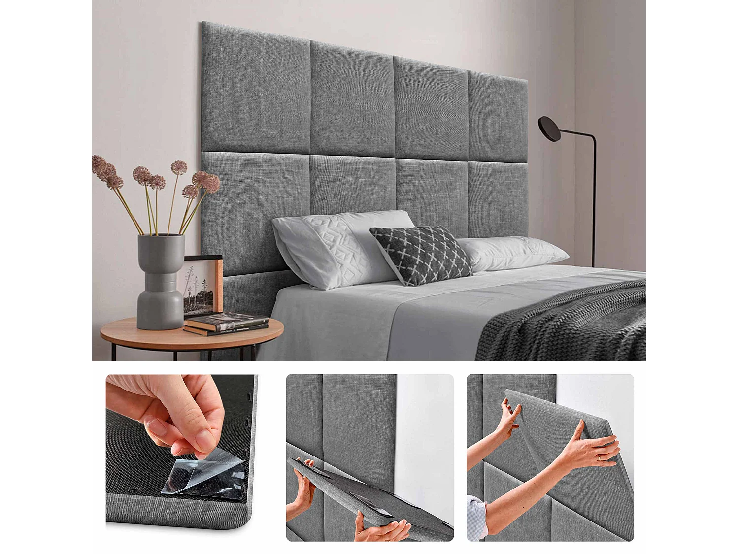 DHOME Ensemble de 6 Panneaux muraux en lin autocollants, absorption acoustique, protection contre les chocs et Têtes de Lit (Gris Foncé, 60x60cm, x6)