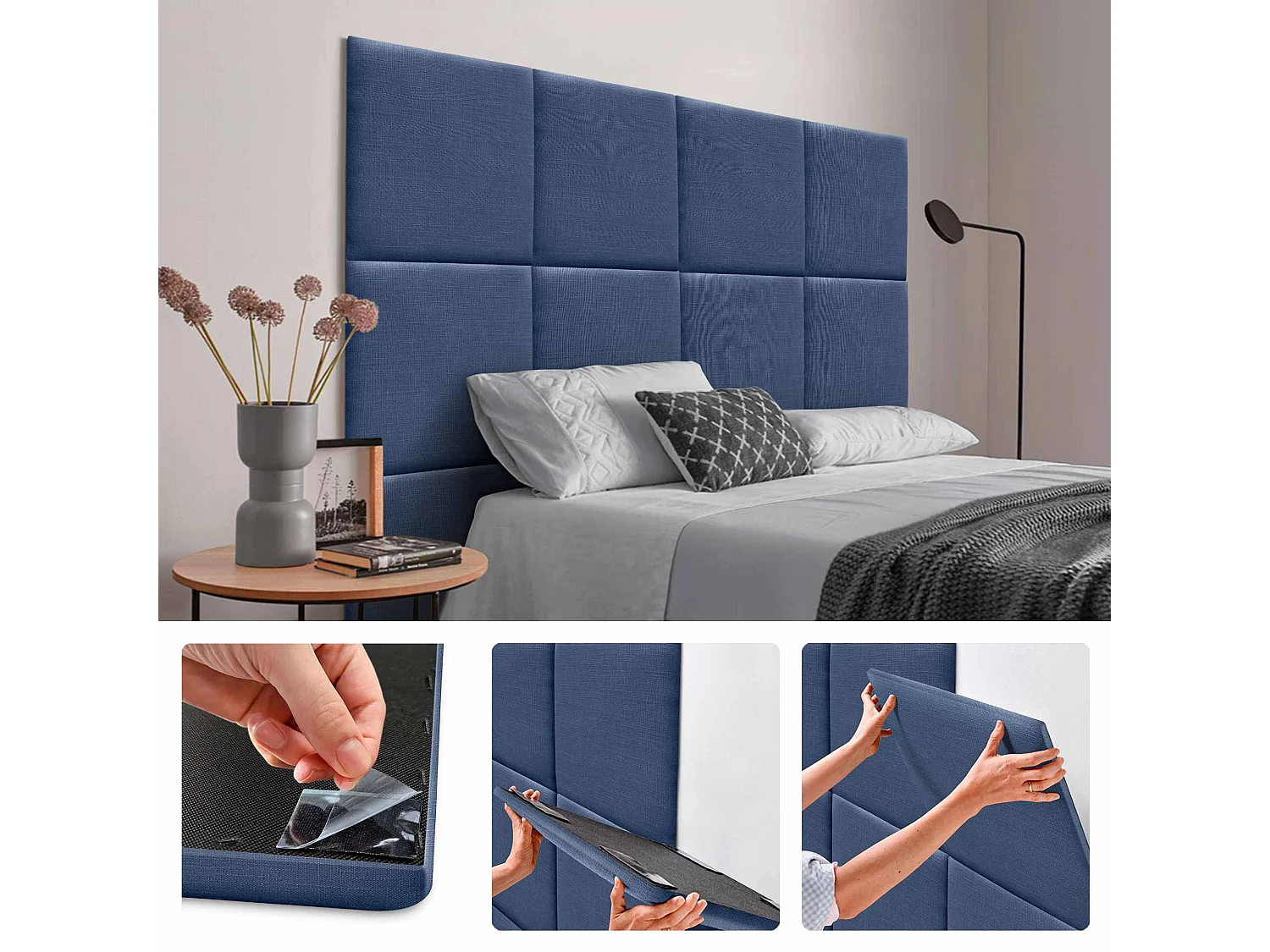 DHOME Ensemble de 1 Panneau mural en lin autocollant, absorption acoustique, protection contre les chocs et têtes de lit (Bleu Marine, 60x60cm, x1)