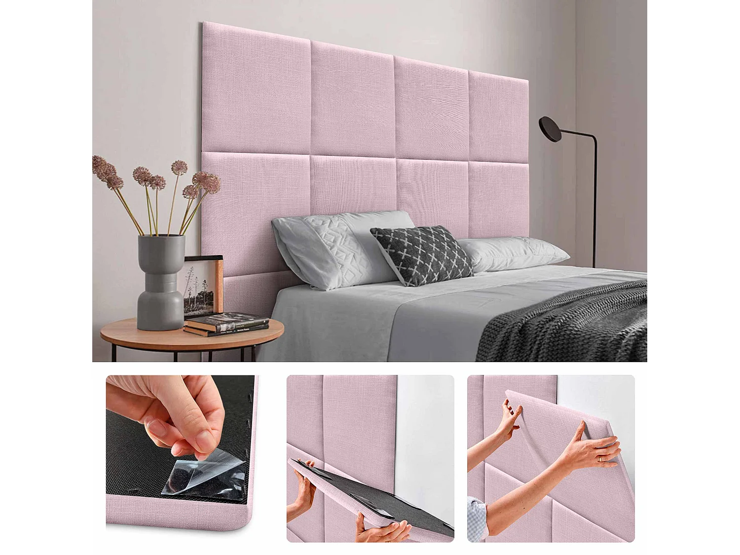 DHOME Ensemble de 1 Panneau mural en lin autocollant, absorption acoustique, protection contre les chocs et têtes de lit (Rose Poudré, 50x50cm, x1)