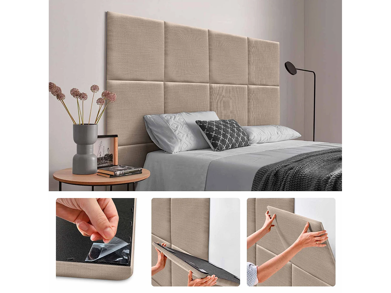 DHOME Conjunto de 6 Painéis Estofados em Linho Pack Autoadesivo para Parede Acústico Absorvente Proteção contra Impactos (Terra, 60x60cm, x8)