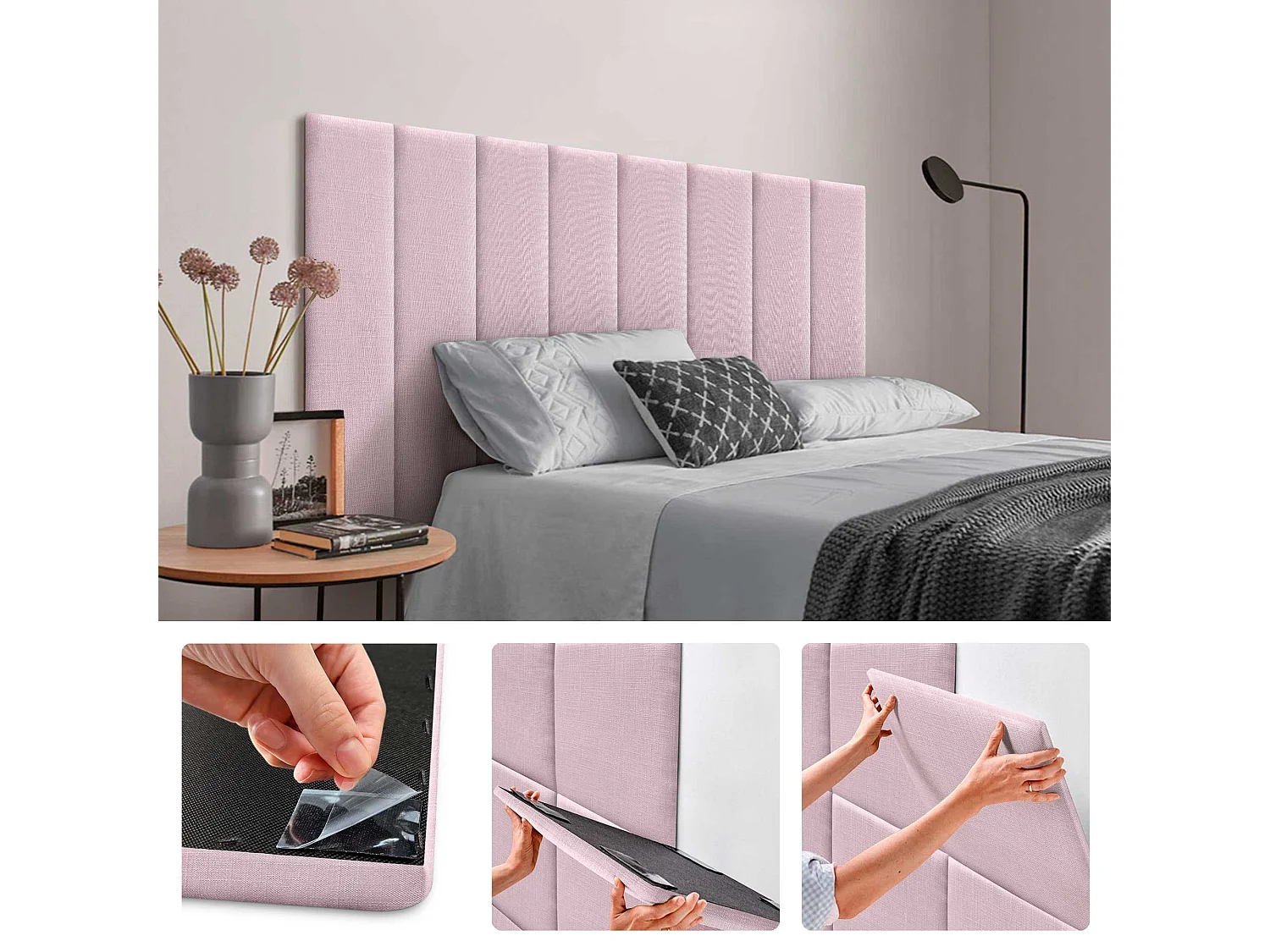DHOME Ensemble de 6 Panneaux muraux en lin autocollants, absorption acoustique, protection contre les chocs et Têtes de Lit (Rose Poudré, 60x20cm, x6)