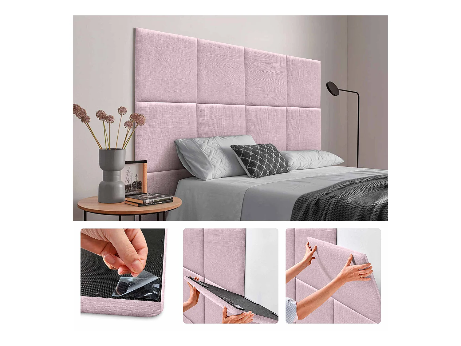 DHOME Ensemble de 8 Panneaux muraux en lin autocollants, absorption acoustique, protection contre les chocs et Têtes de Lit (Rose Poudré, 50x50cm, x8)