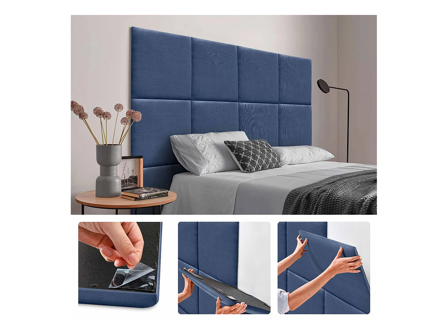 DHOME Ensemble de 8 Panneaux muraux en lin autocollants, absorption acoustique, protection contre les chocs et Têtes de Lit (Bleu Marine, 50x50cm, x8)