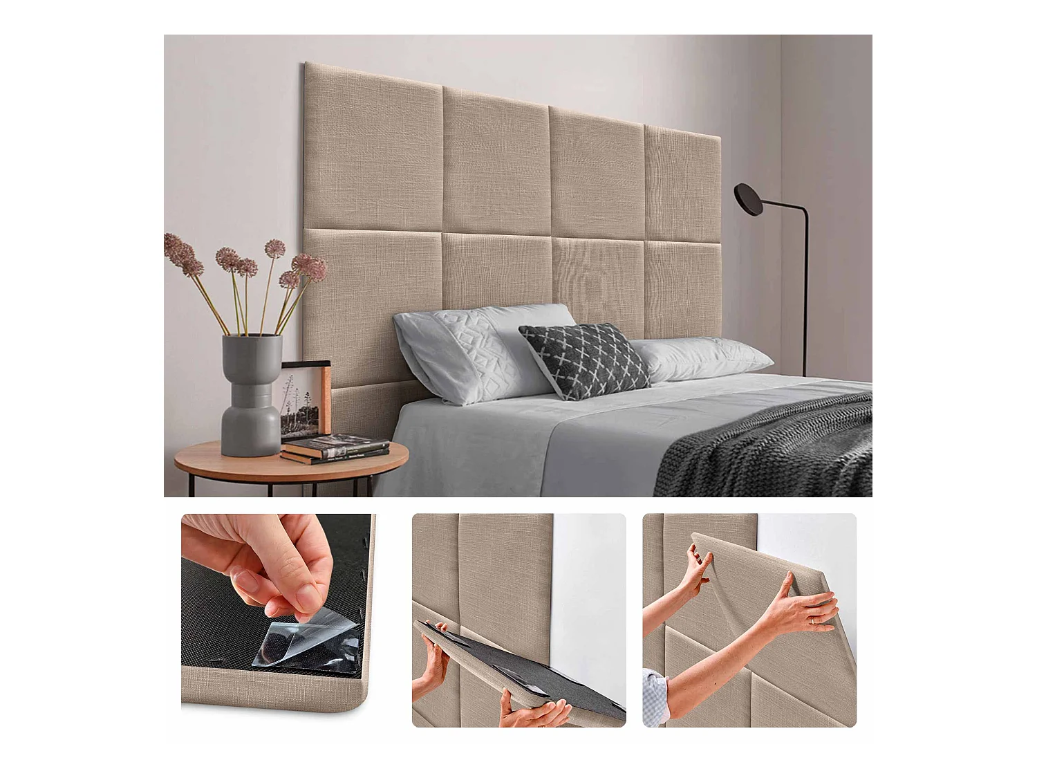 DHOME Ensemble de 8 Panneaux muraux en lin autocollants, absorption acoustique, protection contre les chocs et Têtes de Lit (Terre, 50x50cm, x8)