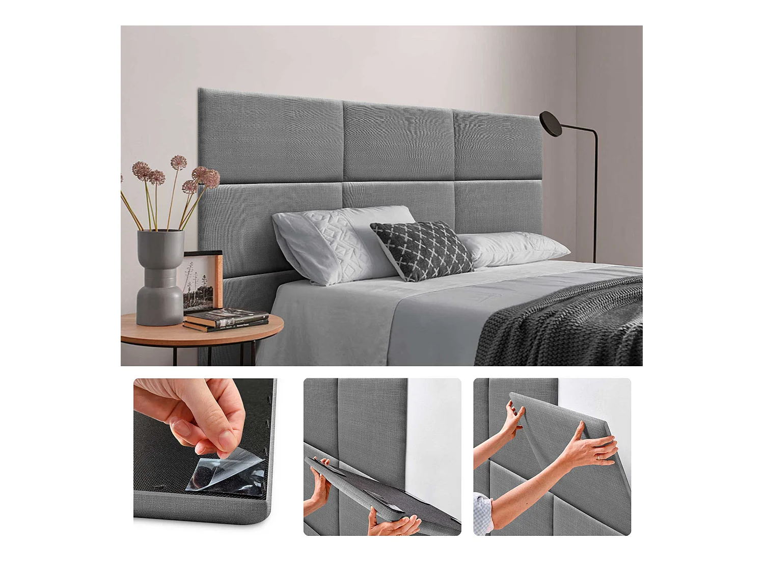 DHOME Ensemble de 6 Panneaux muraux en lin autocollants, absorption acoustique, protection contre les chocs et Têtes de Lit (Gris Foncé, 50x30cm, x6)