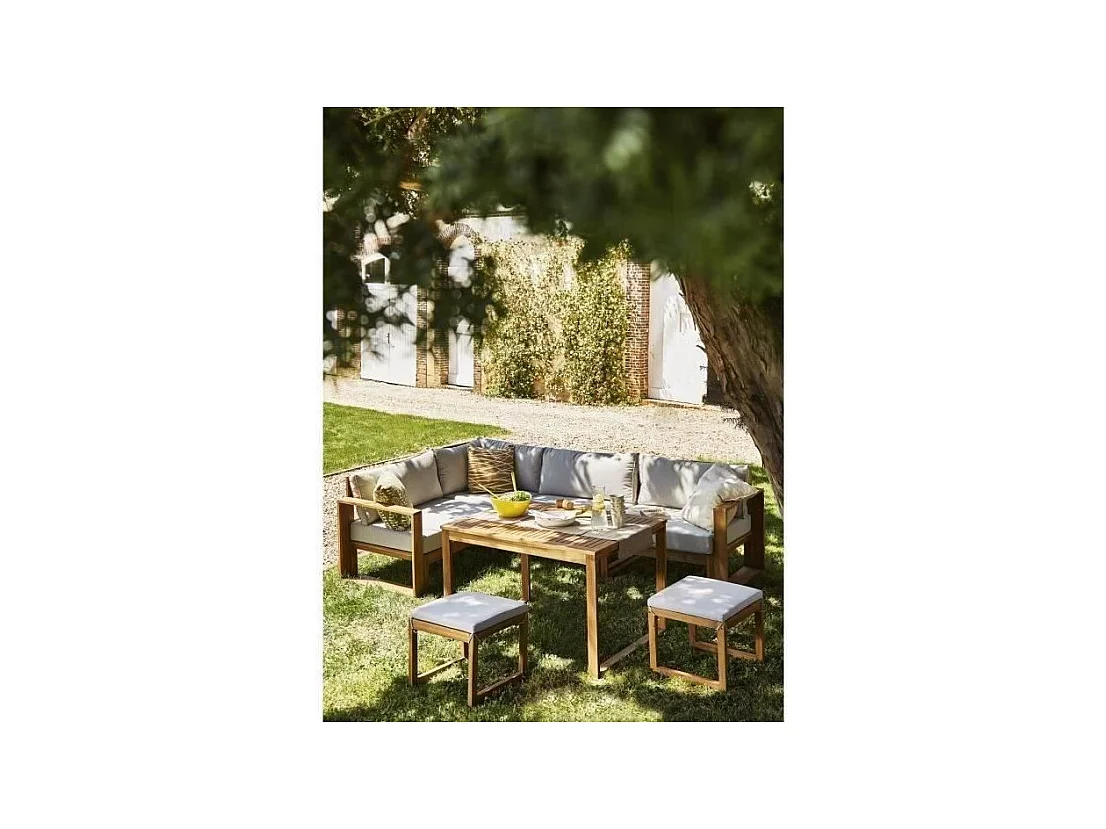 Salon de jardin en bois dAcacia FSC avec coussins + housse de protection - 7 personnes - Levata - Gris